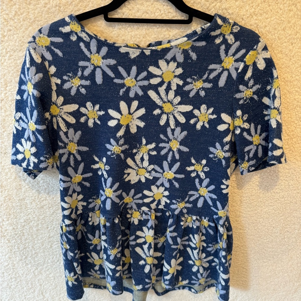 Tyler Boe Peplum Elbow Sleeve Blue Yellow Daisy Top Stretch Shirt